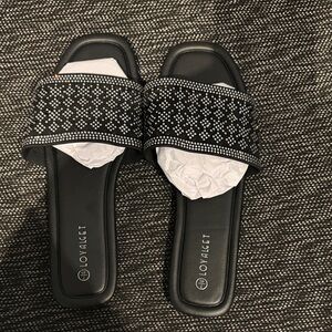 Black Crystal Slide Sandals - Women's